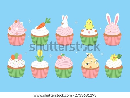 A set of cupcakes in spring and Easter designs. Vector graphics.