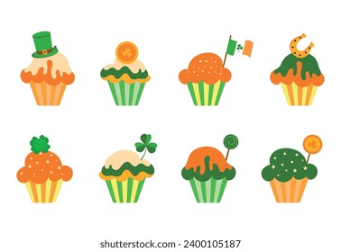 Cupcakes für den St. Patrick's Day. Vektorgrafik. Farbige Behandlungen für den irischen Urlaub