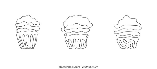 Conjunto de cupcakes en estilo de dibujo continuo de una línea. Simple arte de línea de magdalenas con glaseado ondulado. Vector blanco y negro. Elementos de diseño para el saludo, postal, impresión, scrapbooking