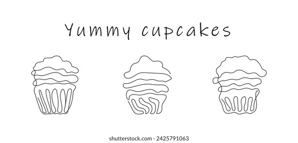 Conjunto de cupcakes en estilo de dibujo continuo de una línea con texto Yummy Cupcakes. Simple arte de línea de magdalenas con glaseado ondulado. Vector blanco y negro. Elementos de diseño para el saludo, postal, impresión