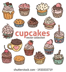 Mit Cupcakes im Stil des Doodle. Verschiedene Cupcakes mit verschiedenen Füllungen und Aufstrichen. Farbige Vektorgrafik.