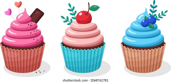 Set cupcakes. Sweet delicious muffin, chocolate cake muffin food. Cream cupcake, cupcakes isolated on white. Bakery cupcake with cherries, blueberries, cupcake set vector illustration candy