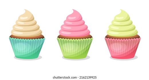 Set cupcakes. Sweet delicious muffin, cake muffin food. Sweet dessert. Cream cupcake, cupcake isolated on white background