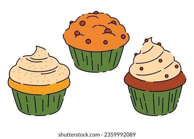 Set cupcakes. Sweet pastries decorated with cream