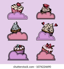 Set of cupcakes with text box cloud form, individual design elements, colorful, hand drawing style, vector illustration