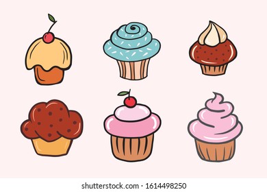 Set of cupcakes. Set of Vector color illustrations of cupcakes in cartoon style. Drawing cakes by hand.