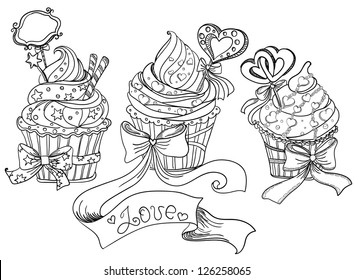 Set of cupcakes. Vector hand drawing