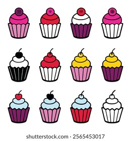 A set of cupcakes vector illustration, bake, bakery, berry, cake, cupcakes, collection, set, desert, dessert, cupcakes set