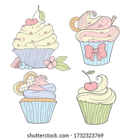 conjunto de cupcakes, ilustración vectorial aislada en fondo blanco, diseño para tarjeta