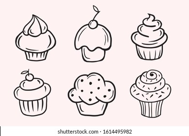 Set of cupcakes. Set of Vector linear illustrations in doodle style. Freehand drawing