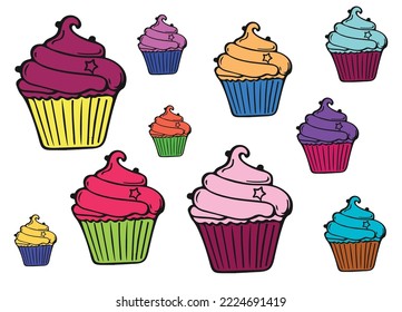 Set of cupcakes and vector sprinkles muffin set isolated on white background.