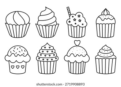 Conjunto de símbolos do vetor cupcakes. Vetor de ícone de bolo de xícara. Coleção de ícones delineados de bolo de xícara, comida, quebrar rápido. Ilustração vetorial.