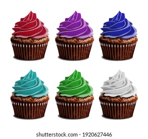 A set of cupcakes in very bright rainbow colors with multi-layered curled fruit creams. 3d vector illustration