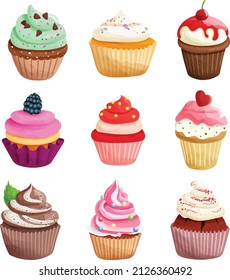 Set of cupcakes - watercolor cupcake clipart. Sweet graphics. Dessert. Chocolate, cherry, blueberry, mint, red velvet cupcakes.