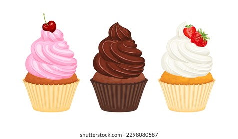 Set of cupcakes with whipped cream. Chocolate, cherry and strawberry cake. Vector cartoon illustration of sweet food.