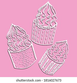 A set of cupcakes with a white outline isolated on a colored background. Vector illustration in a simple hand drawn style. Items for decorating postcards and emblems.