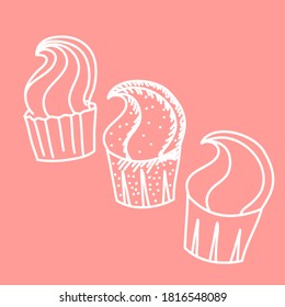 A set of cupcakes with a white outline isolated on a colored background. Vector illustration in a simple hand drawn style. Items for decorating postcards and emblems.