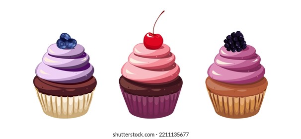 A set of cupcakes.Blueberry, blackberry, cherry cupcakes.Design elements, menus, advertisements.Vector illustration of sweet pastries.