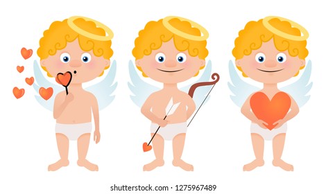 Set of cupid angel cartoon isolated character with bow and arrow, valentines day vector
