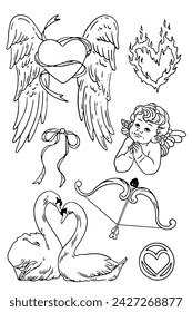 Set of cupid, angel, love, hearts and flowers, vector illustration