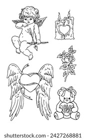 Set of cupid, angel, love, hearts and flowers, vector illustration