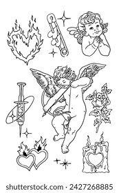 Set of cupid, angel, love, hearts and flowers, vector illustration