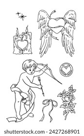 Set of cupid, angel, love, hearts and flowers, vector illustration