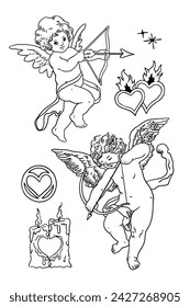 Set of cupid, angel, love, hearts and flowers, vector illustration