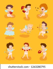 Set of cupid angels characters for valentine day design. Amur with arrows and gifts flying on a cloud, vector illustration