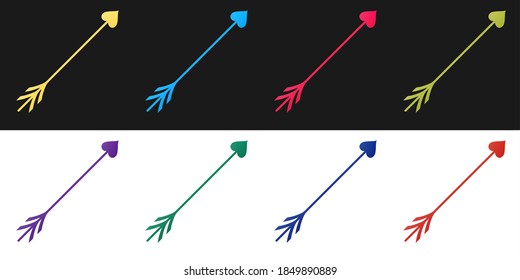 Set Cupid arrow heart, Valentines Day cards icon isolated on black and white background. Vector.