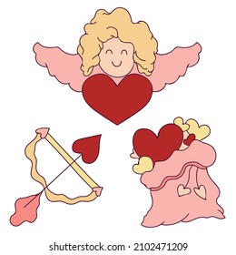 Set of Cupid and arrows with hearts. Vector illustration isolated on white background. Elements for decor for Valentine's Day or wedding