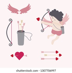 a set of cupid cartoon characters is shooting arrow, element of love for valentine's day, cupid wings, bow, arrow cylinder, heart embroidery arrow, heart shape arrow, illustration
