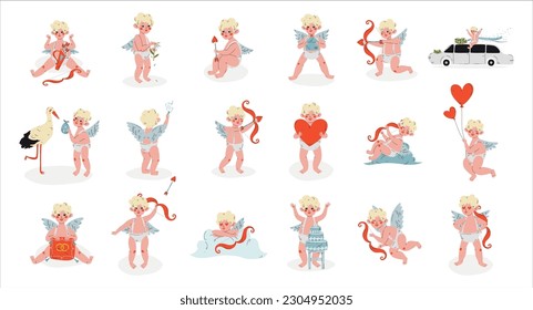 Set of Cupid characters set. Baby Angel, Amour, Cherub shooting with bow, holding red heart cartoon vector illustration