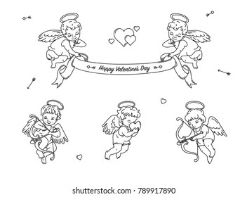 Set of cupid child angels in different poses flying around, with hearts, bows and arrows, outline graphic, banner text, isolated