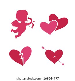 Set of cupid icons with heart arrows and angel isolated vector illustration