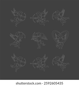  Set of Cupid Silhouettes Depicting Love and Romance Illustrated in Vector Style