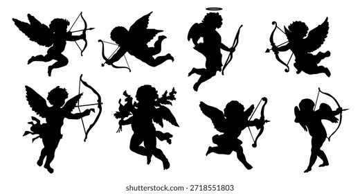Set of cupid silhouettes in different flying poses with bow and arrow. Black vector silhouettes of angel of love isolated on white background. Romantic illustration symbolizing love, Valentine’s Day, wedding, romance, relationship and affection. Perfect for greeting cards, invitations, posters, decorations and holiday design.