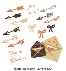 A set of Cupid's arrows, envelopes with love messages, stars, a package with a message.