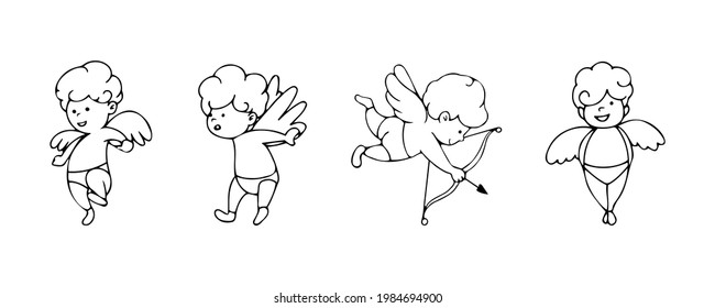 Set of cupids in cartoon sketch style isolated on the background. Simple collection of doodles with cupids. Outline vector illustration for Valentine's Day.