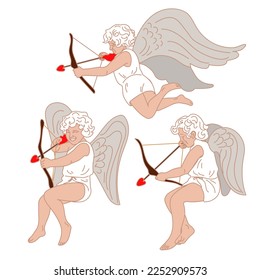 Eine Reihe von Cupiden. Kinder sind wie Engel mit Flügeln, einer Schleife und Pfeilen. Einzige Illustration zum Drucken auf Postkarten und Bannern. Zur Verwendung in gedruckten Dekoren. Vintage, Retro-Stil