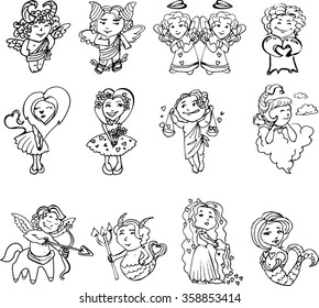 Set of Cupids with hearts on Valentine's day, in black and white. Zodiac signs stylized Valentine's day. Horoscope in the style of Valentine's day. The signs of the zodiac with wings and hearts.Vector