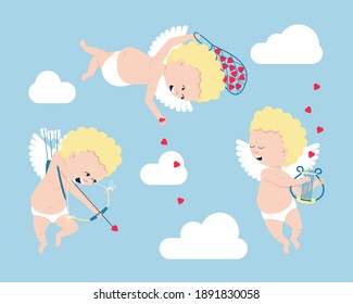 Set of cupids - symbols of valentine's day. Cupids fly in the clouds, play romantic music on the strings of the lyre, draw a bow to evoke love. Flat vector illustration