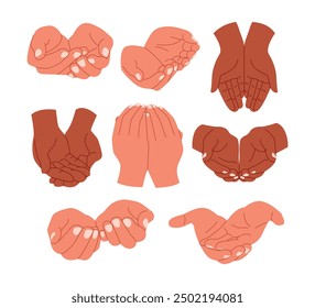 Set of Cupped hands collection with multiracial or multiethnic skin color, symbol of support or volunteer donation, Hope, care, idea, support, peace or protection concept, folded arms, Keep the sign