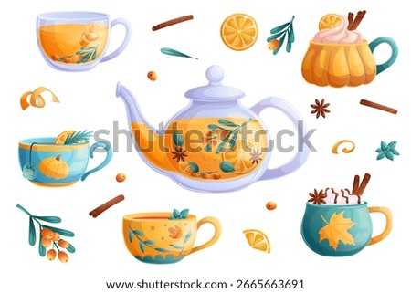 A set of cups with autumn drinks, a pot of tea on a white background. Autumn concept, tea shop, tea party. Isolated vector illustration for the design of poster, banner, website, menu, advertisement