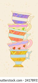 A set of cups in the background retro tea. Tribal style. Vector illustration.