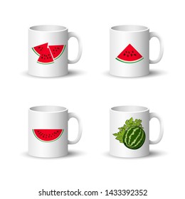 Set of Cups with Berries Isolated on a White Background, Front View on a Mugs with Watermelon Slices and Seeds , Vector Illustration