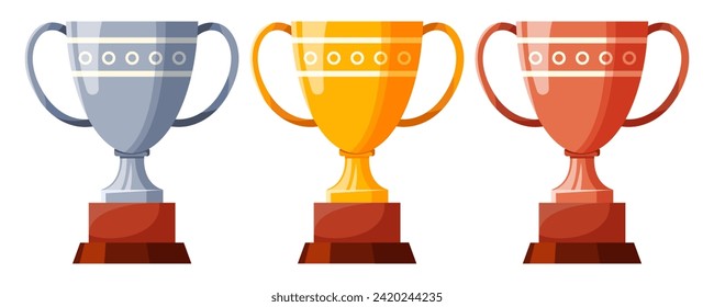 Set of cups with big handles. Winners cups, awards. Champions trophy, winning goblets. Prize reward icons. Shiny champion's cups for championships. Symbols of victory in a sporting event, competition