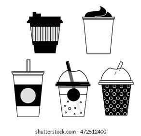 set of cups of cafe - lemonade, ice cream, coffee cup, mug. Isolated, vector illustration, black and white