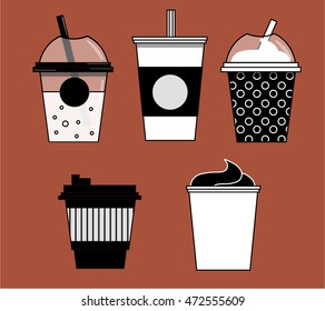 set of cups of cafe - lemonade, ice cream, coffee cup, mug. Isolated, vector illustration