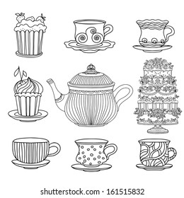 Set cups, cakes, cake stand and kettle isolated on a white background - vector